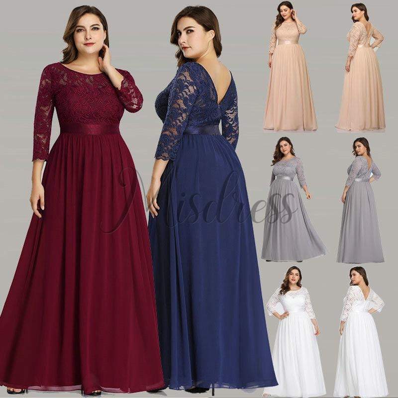 A-line Plus Size V Back Long Sleeves Lace Chiffon Evening Prom Dress ...