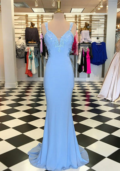 Sheath Prom Gown Corset Straps Sleeveless Blue Satin Wedding Guest