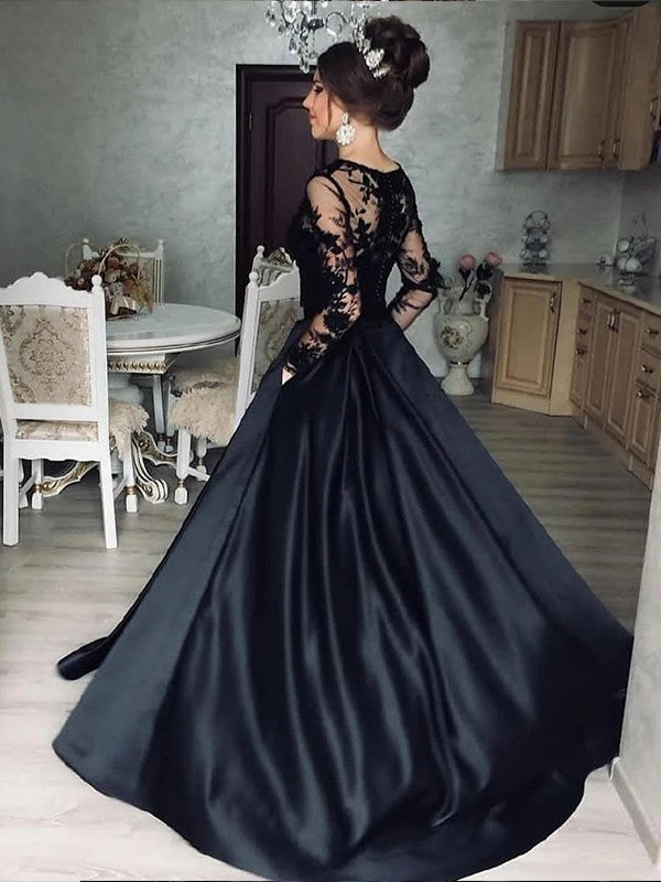 A-Line Satin Lace Illusion Bateau Long Sleeves Sweep Black Wedding Dre ...