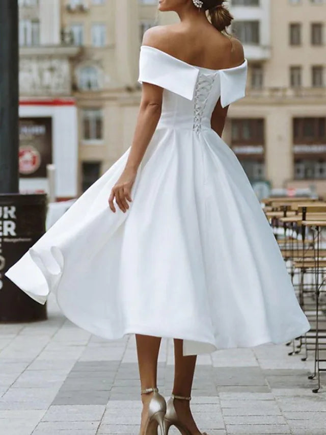 Bridal Shower A-Line Wedding Dress Tea Length Off Shoulder Satin 2023 ...