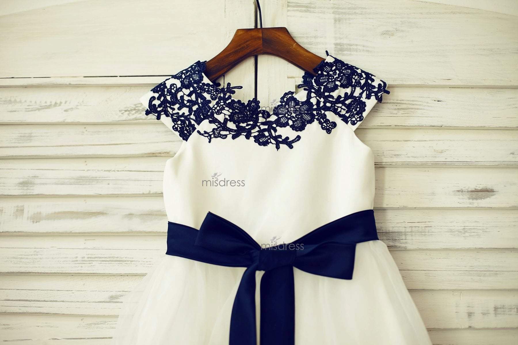 Princess Navy Blue Lace Ivory Satin Tulle Flower Girl Dress, Sash| Misdress