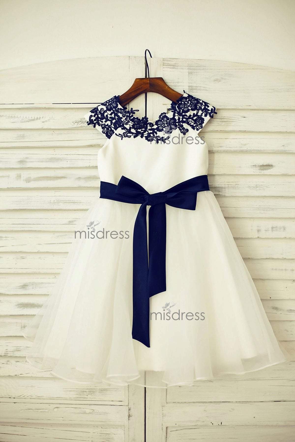 Princess Navy Blue Lace Ivory Satin Tulle Flower Girl Dress, Sash| Misdress