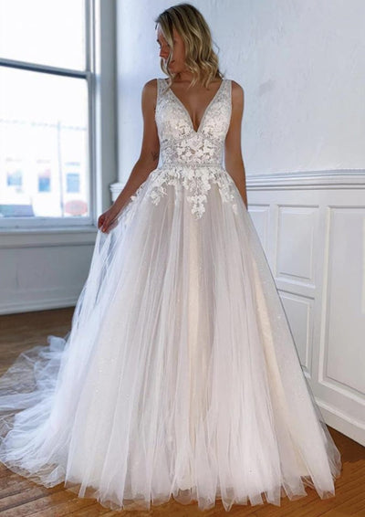 A-Line Wedding Dress Long Sleeve Open Back Bateau Sweep Lace 2024
