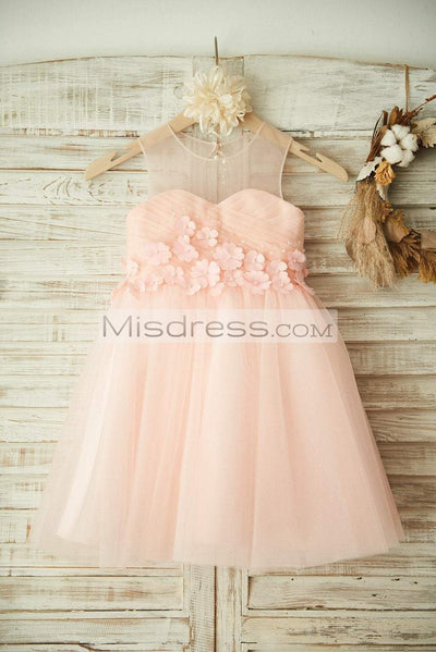 Sheer Neck Peach Pink Tulle Ivory Lace Wedding Flower Girl Dress