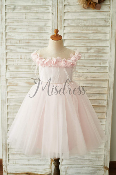 Ball Gown Off Shoulder Pink Tulle Feathers Wedding Flower Girl Dress