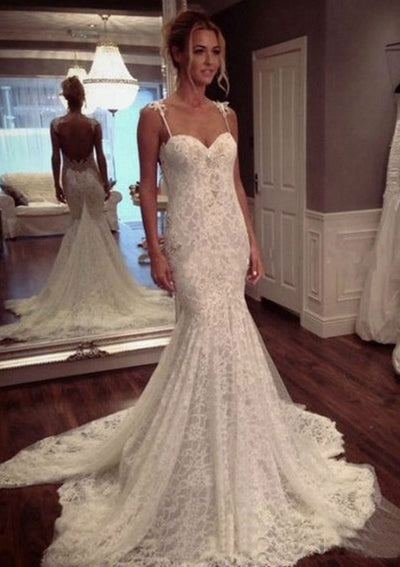 Trumpet Dropped Waist Sweetheart Open Back Lace Wedding Dress