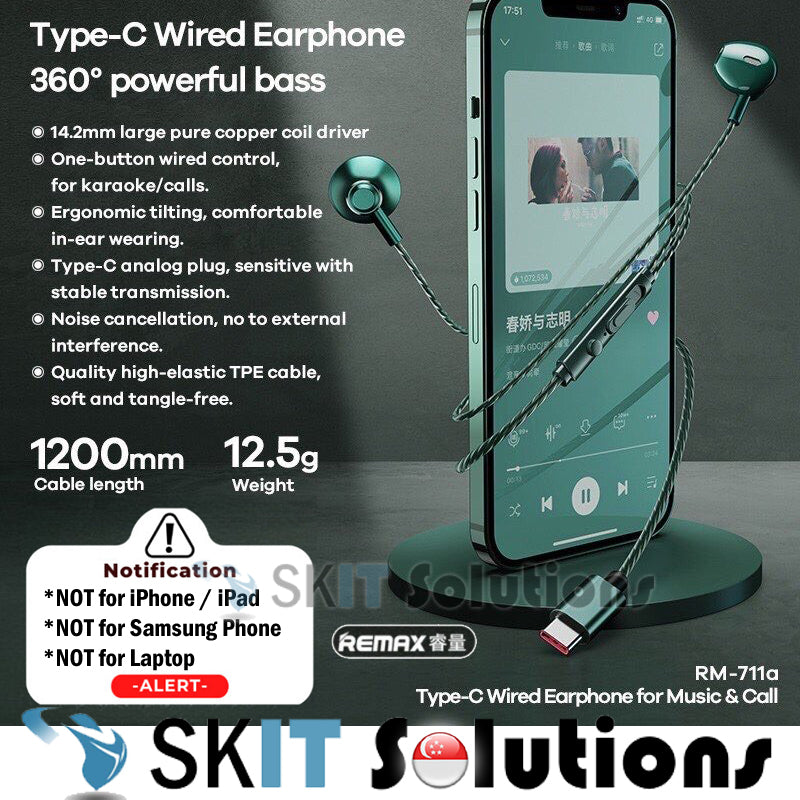  Remax RM-711A Type-C Wired Earphone Powerful Bass Music Call Stereo Volume Control Microphone Type C