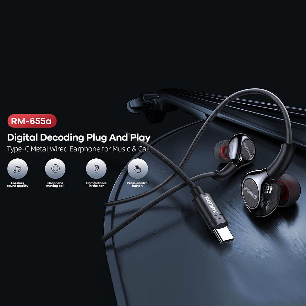 Remax RM-655A Type-C Metal Wired Earphone Music Call Volume Control USB-C Headset for Mobile Phones