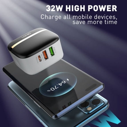 LDNIO 3-Port 32W Fast USB Wall Charger QC3.0 & PD A3513Q 1 USB-C & 2 USB-A with FREE USB Type-C Cable