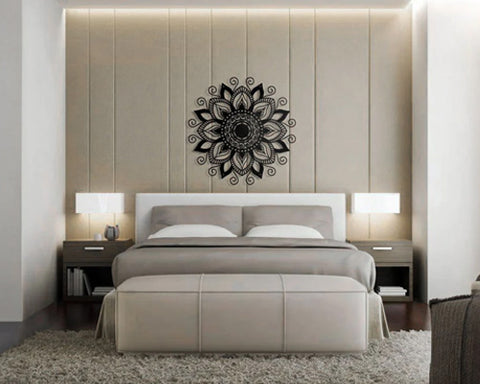 Zen Mandala Metal Wall Art installed above a bed