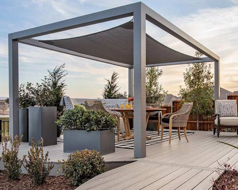 LIGHT GREY PERGOLA WITH SUN SHADE.