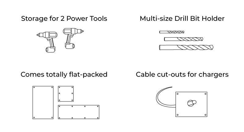 key features of the Power Tool Storage Wall Mount Unit from Indoor Outdoors