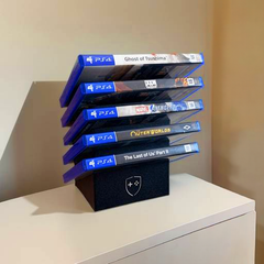 Games Tower Storage Rack, All 3 Sizes in a line with PS4 games and Blu Rays on Display