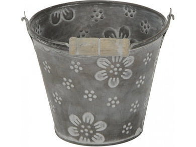 Grey Floral Flower Bucket Planter, 10cm - Indoor Outdoors