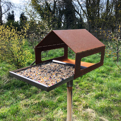 Rustic Steel Garden Bird Feeder with Removable Tray & Mounting Pole - Indoor Outdoors
