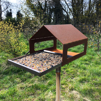 Rustic Steel Garden Bird Feeder with Removable Tray & Mounting Pole - Indoor Outdoors