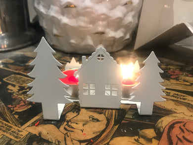 Log Cabin with Pine Tree Candle Holder - Indoor Outdoors