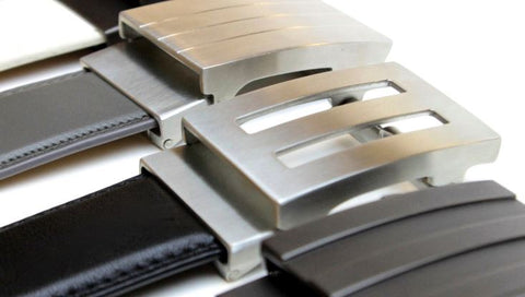 Trakline belt buckles for men. No-hole, automatic, ratchet belts that guys love. Track line by Kore Essentials