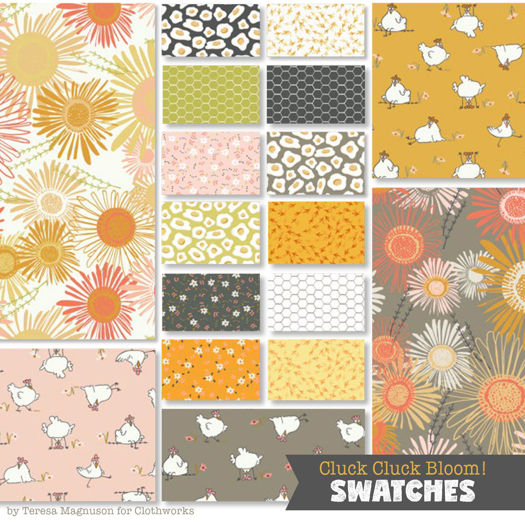 Cluck Cluck Bloom fabric by Teresa Magnuson for Clothworks swatches