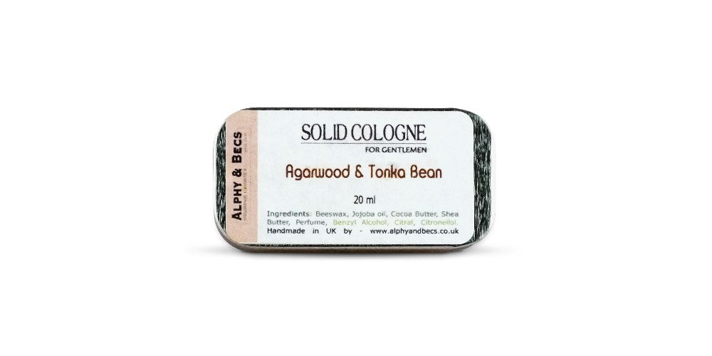 Alphy and Becs Agarwood and Tonka Bean Solid Cologne on white background