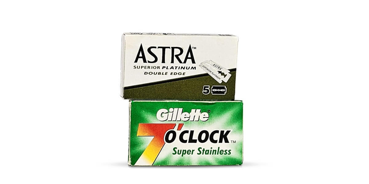 Astra Superior Platinum and Gillette 7 oclock Super Stainless double edge razor packs on a white background