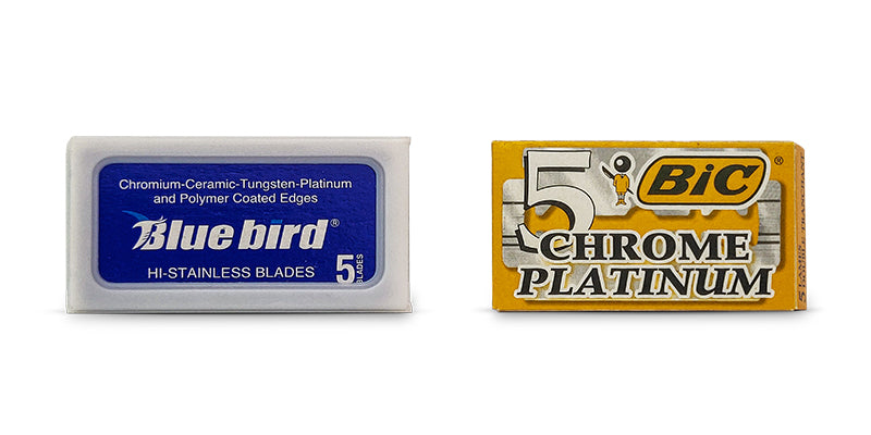 Bluebird and BIC chrome platinum double-edge blades packets on a white background