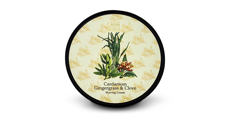 Cardamom, Gingergrass & Clove Shaving Cream from The Personal Barber. Black tin on a white background