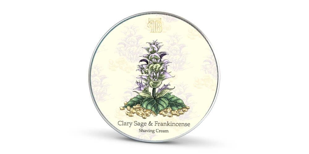 Clary Sage & Frankincense Shaving Cream tin on a white background from The Personal Barber