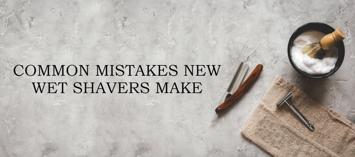 shaving tools on a marble surface with caption: "Common mistakes new wet shavers make" 
