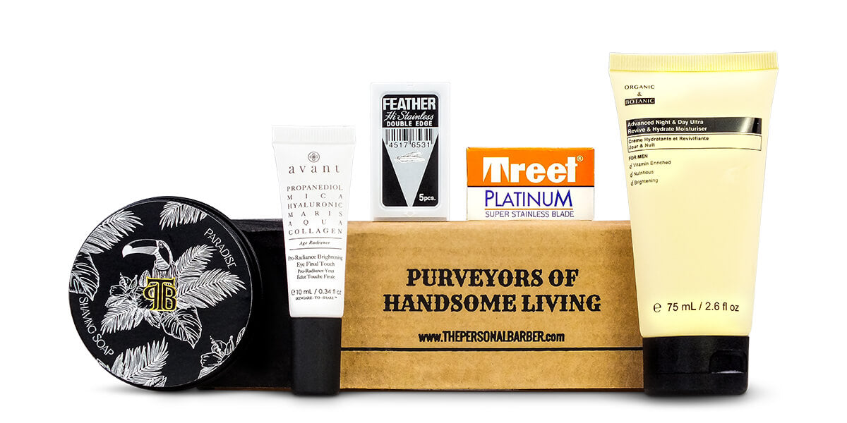 FebMarch'23 shaving subscription box from The Personal Barber featuring paradise shaving soap, pro-radiance eye cream for men, ultra revive moisturiser, and Treet and feather replacement double-edge razorblades