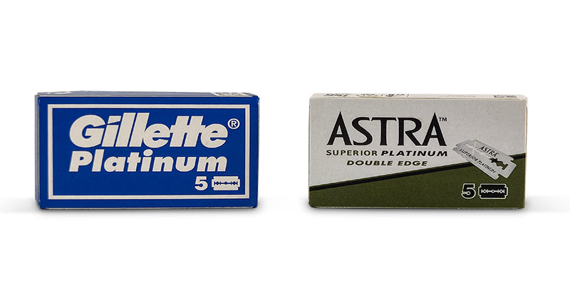 Astra Superior Platinum and Gillette Platinum razor blades packs on white background