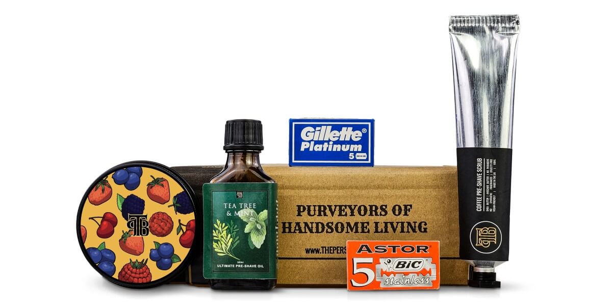 JanuaryFeb 2024 Renewal Subscription Box from The Personal Barber featuring Summer Berries Shaving Soap, Coffee Pre-Shave Scrub, Tea Tree and Mint Pre-Shave Oil, Gillette New Platinum and BIC Astor DE Razor Blade Packs