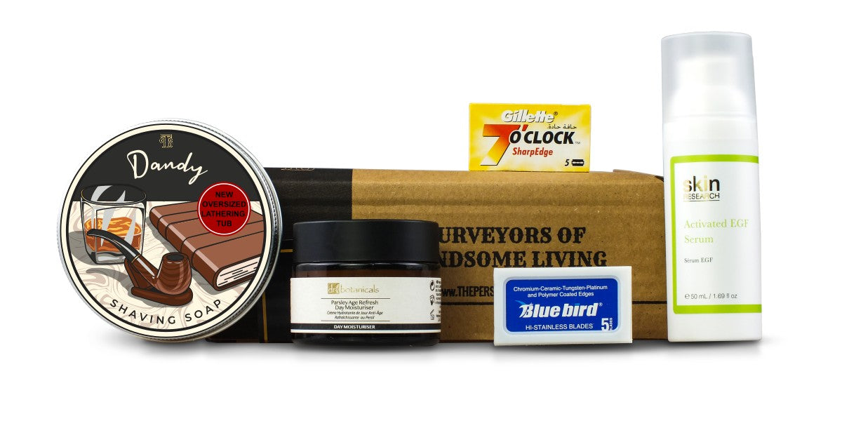 July/August '23 recurring shaving box featuring Dandy shaving soap, parsley moisturiser, egf serum, and 2 packs of razorblades