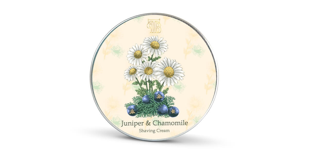 Juniper and Chamomile Shaving Cream tin on a white background