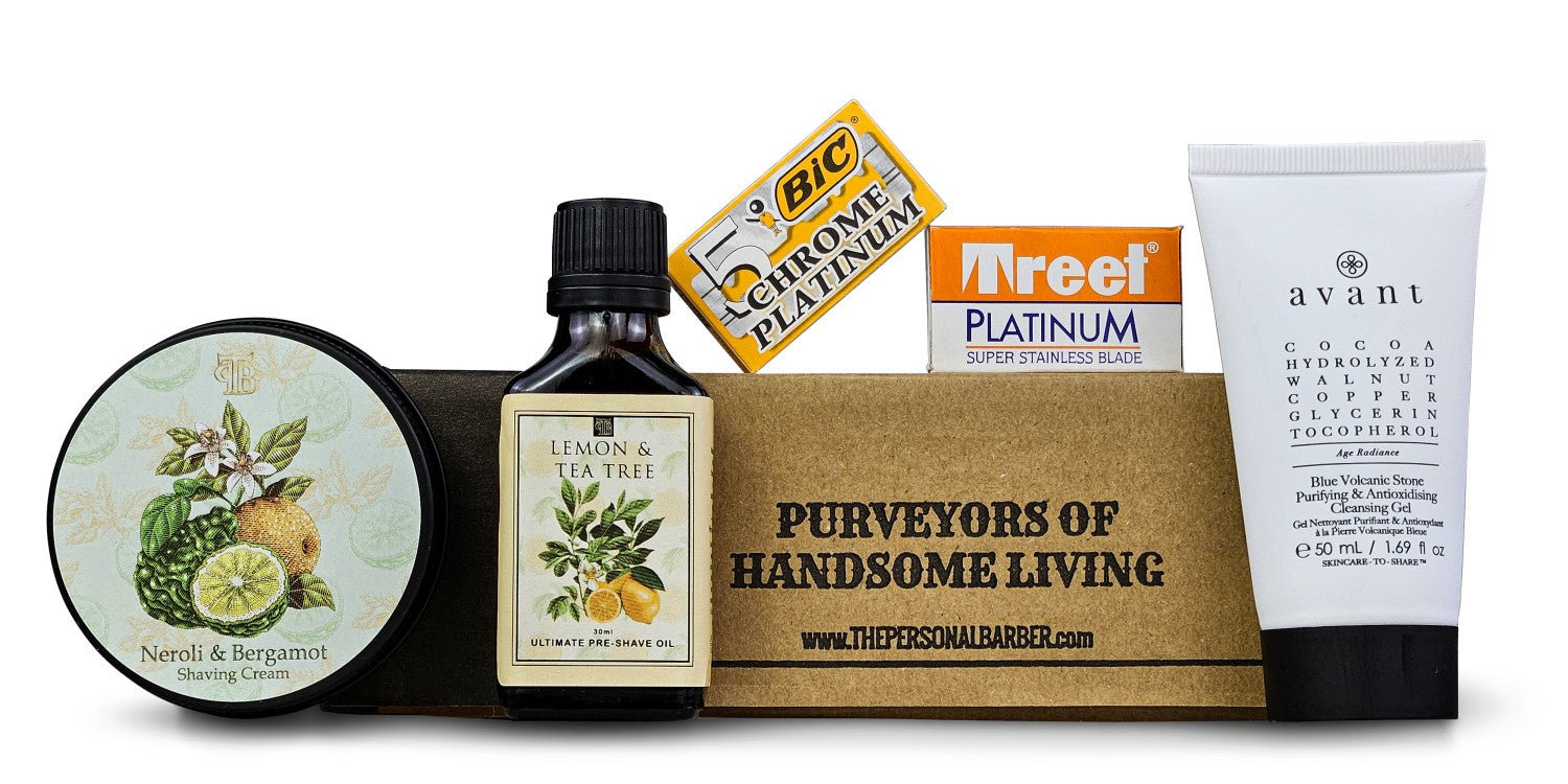 The Personal Barber Shaving Subscription Renewal Box MayJune2024 featuring shaving cream, pre-shave oil, pre-shave cleansing gel and 10 replacement razorblades
