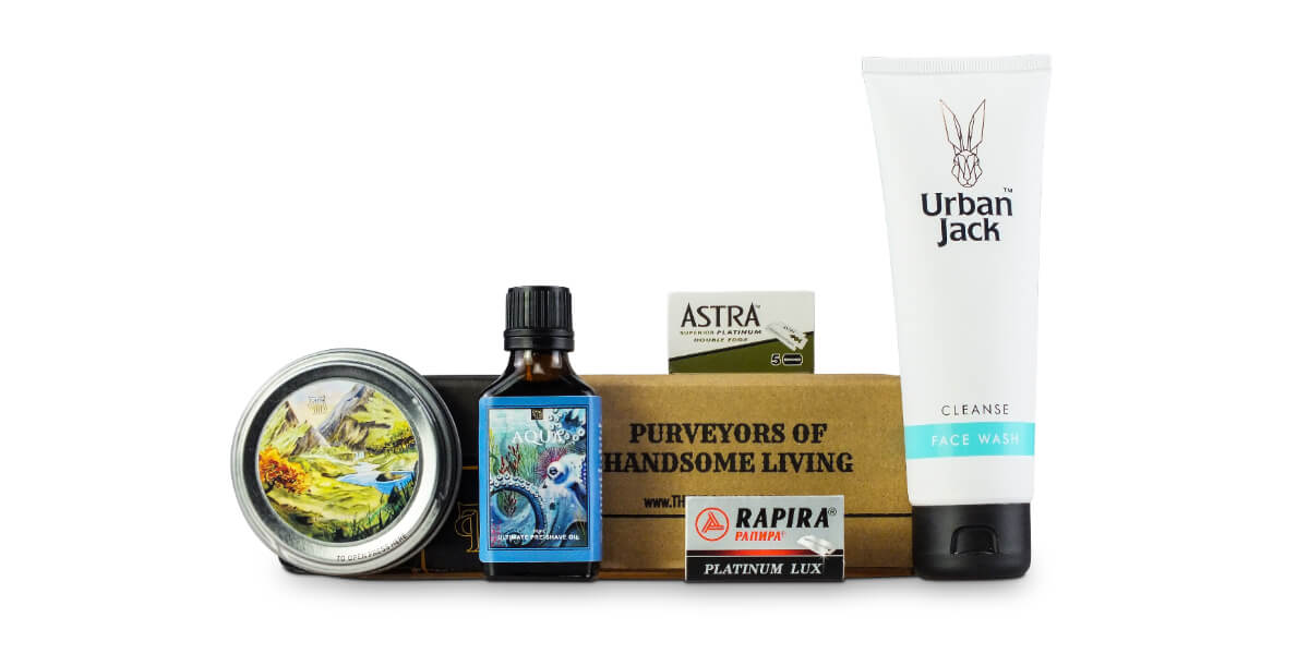 NovDecember22 subscription box featuring Terra shaving soap, Aqua pre-shave oil, and men's face wash + double-edge razorblades