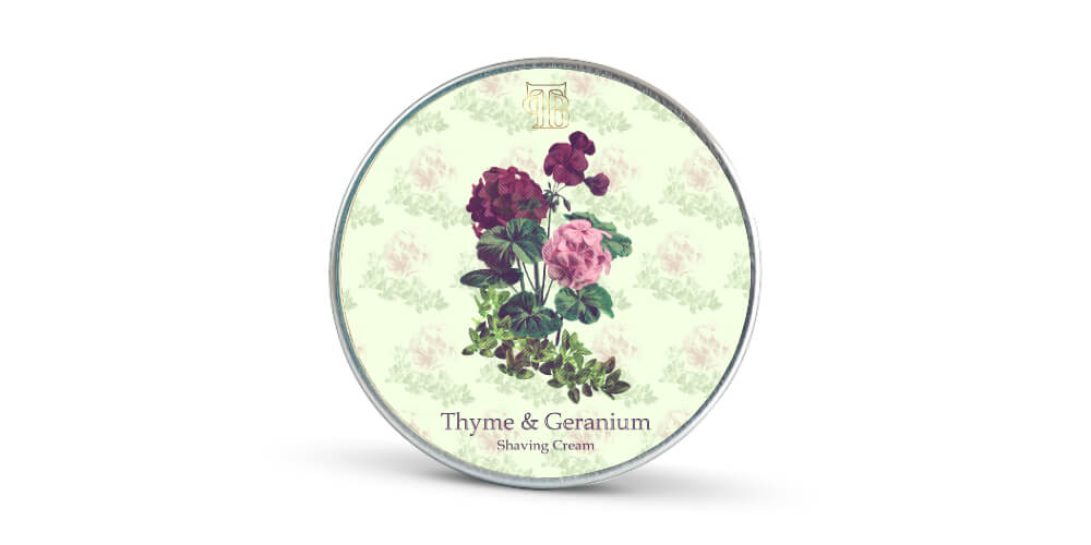 thyme and geranium shaving cream tin on a white background