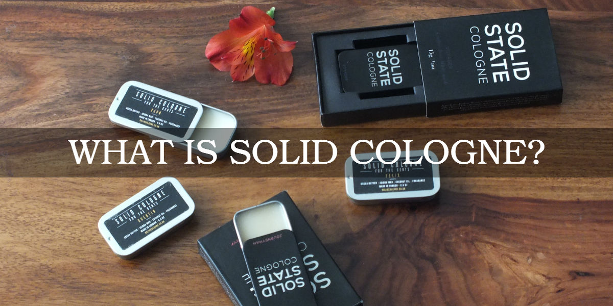 solid cologne tins on a wooden surface with caption: "What is solid cologne?"