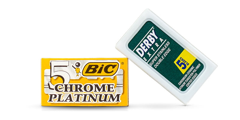 Derby Extra and BIC Chrome Platinum double-edge razor blade packs on a white background