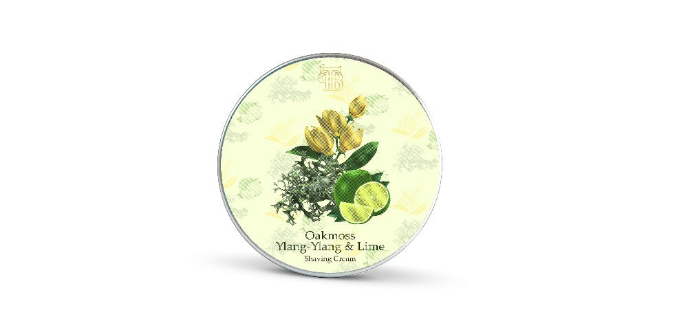 Oakmoss ylang ylang and lime shaving cream tin on white background