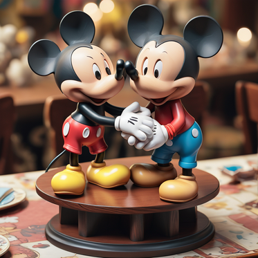 Mickey Mouse and Minnie Mouse figurines embracing in a heartwarming hug