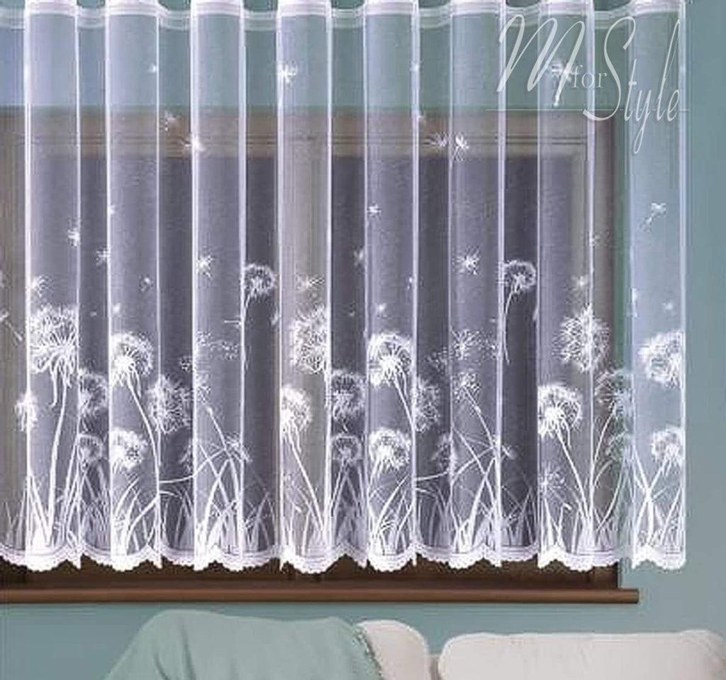 White Net Curtain with Dandelions pattern Ready to Hang Sold by Metres