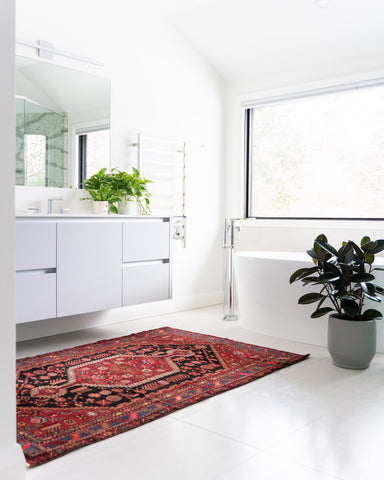 White bathroom with plants and red rug