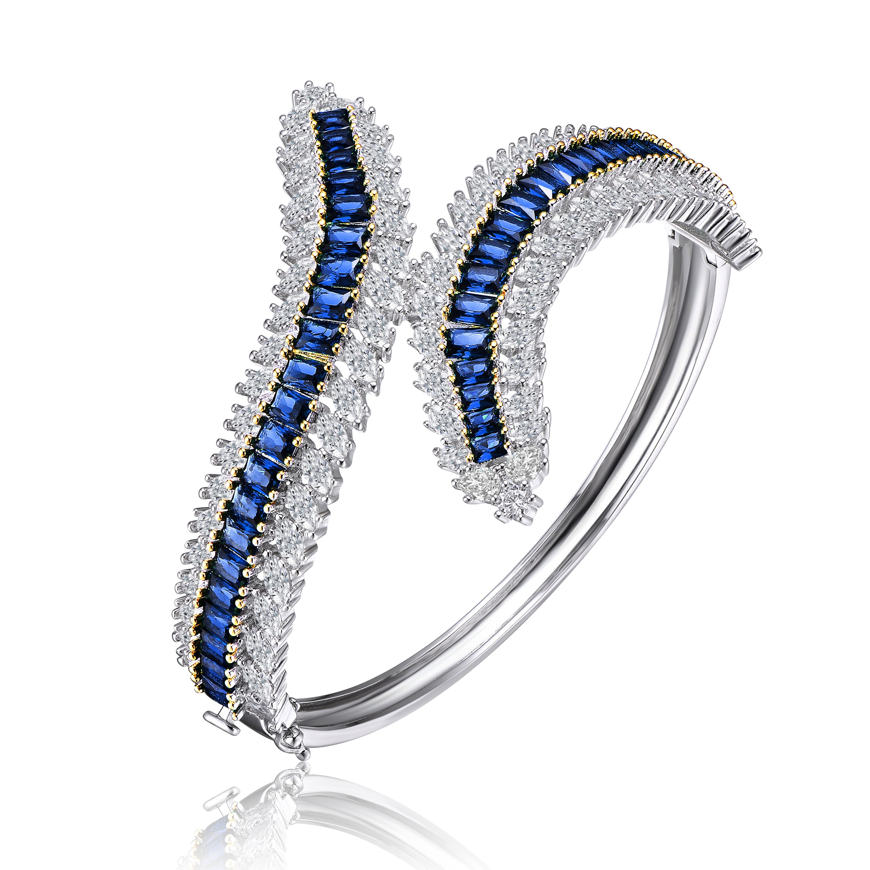 Genevive Sterling Silver Cubic Zirconia and Sapphire Blue Snake Bangle