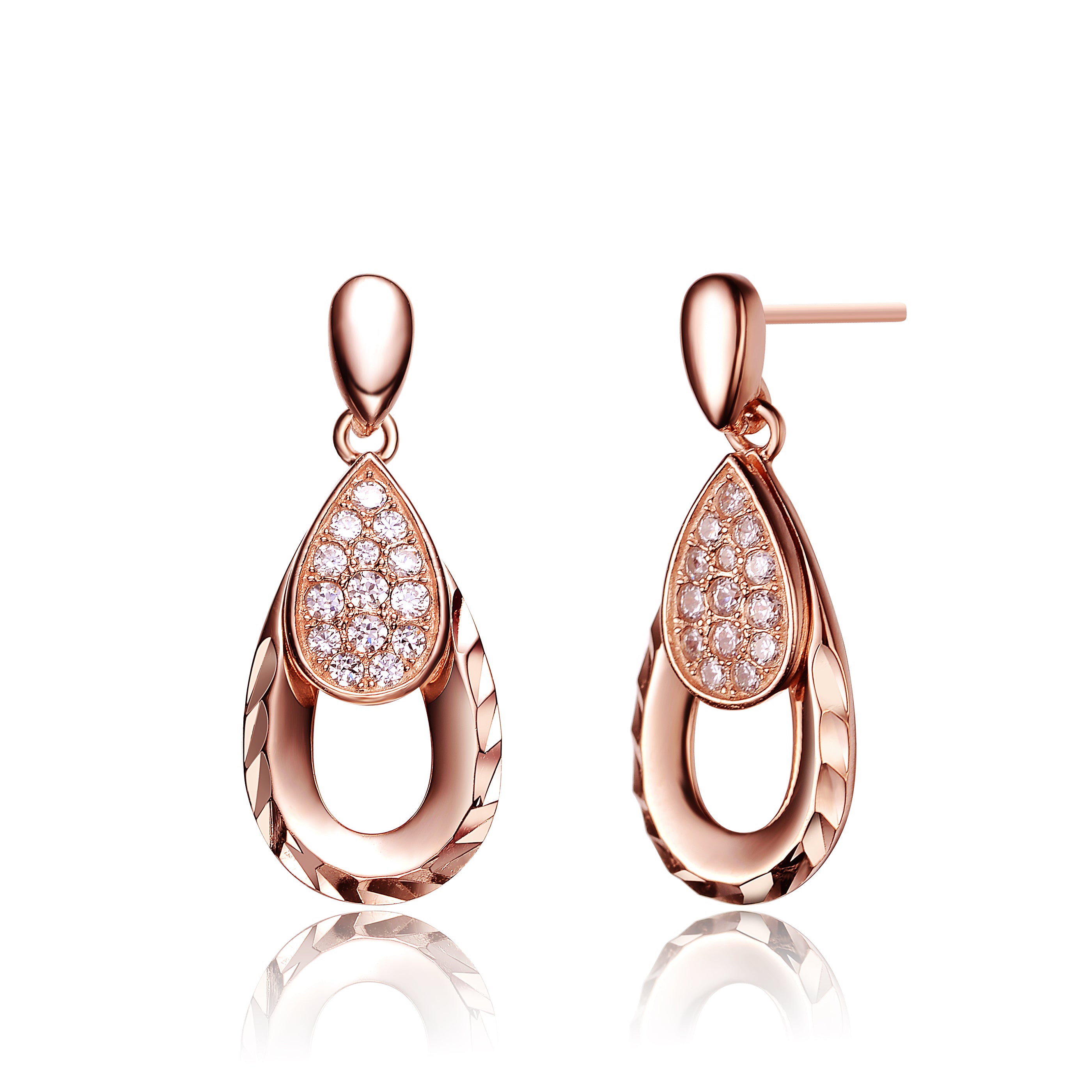 Genevive Sterling Silver 18K Rose Plated Cubic Zirconia Teardrop Earrings