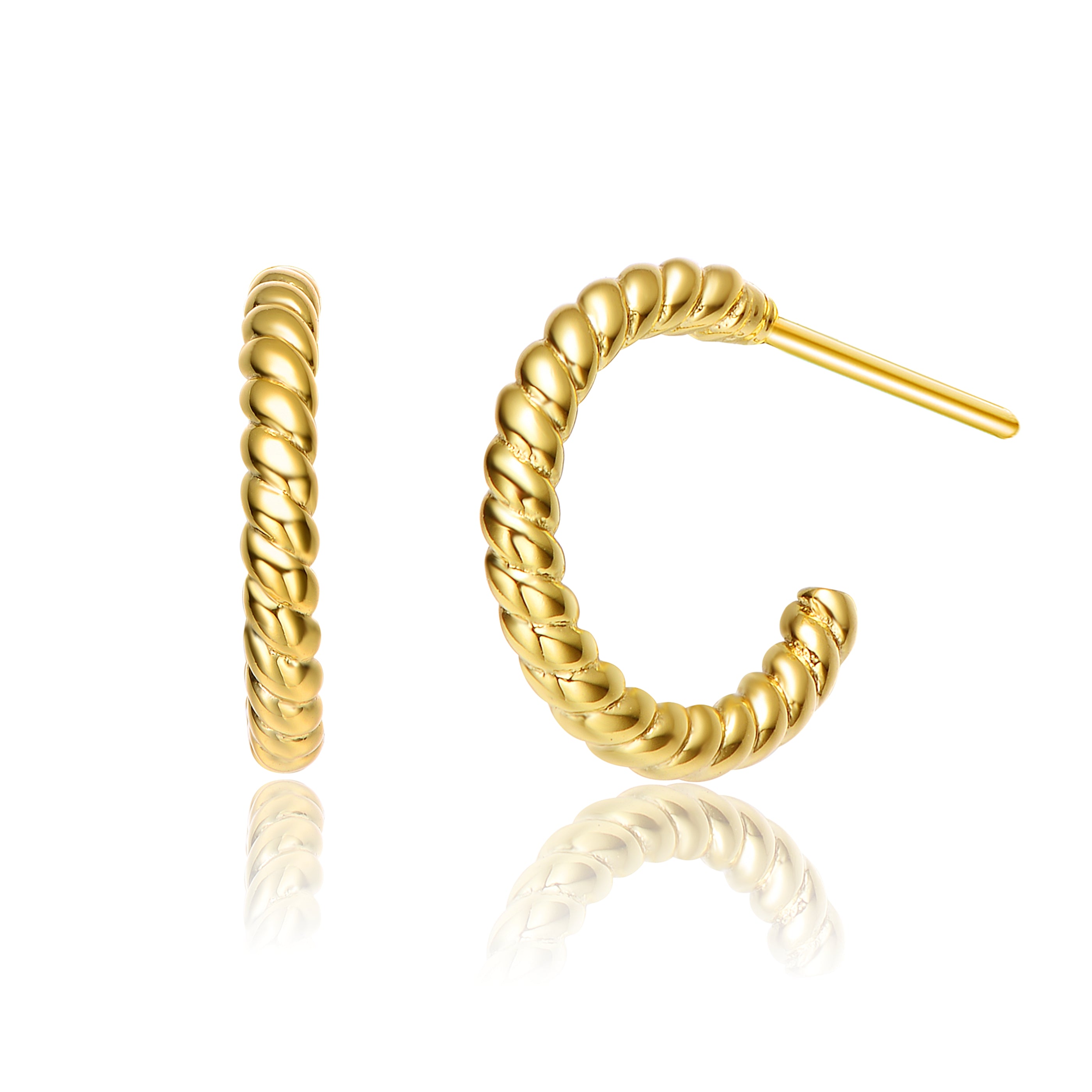 Genevive Sterling Silver 14K Gold Plated Cubic Zirconia Ribbed Open Hoop Earrings