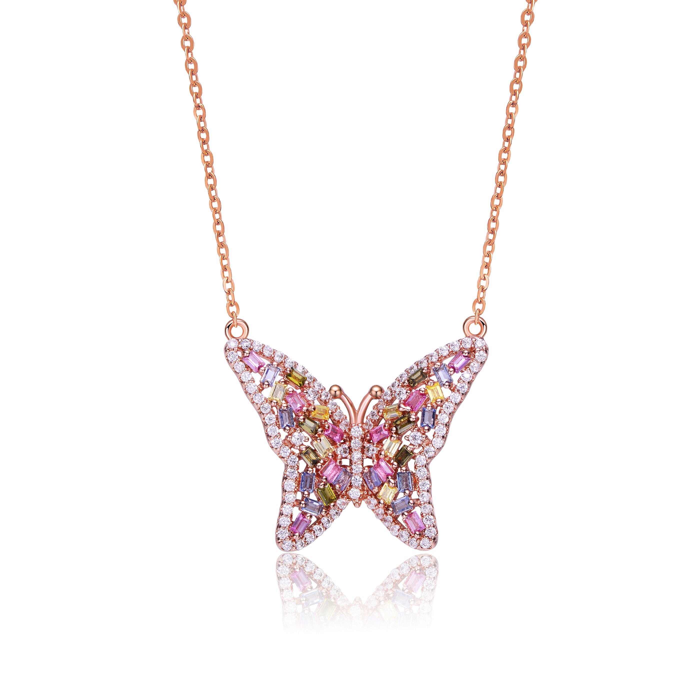 Genevive Collette Z Long Lasting Sterling Silver with Rose Plated  Multi Color Cubic Zirconia Butterfly Necklace