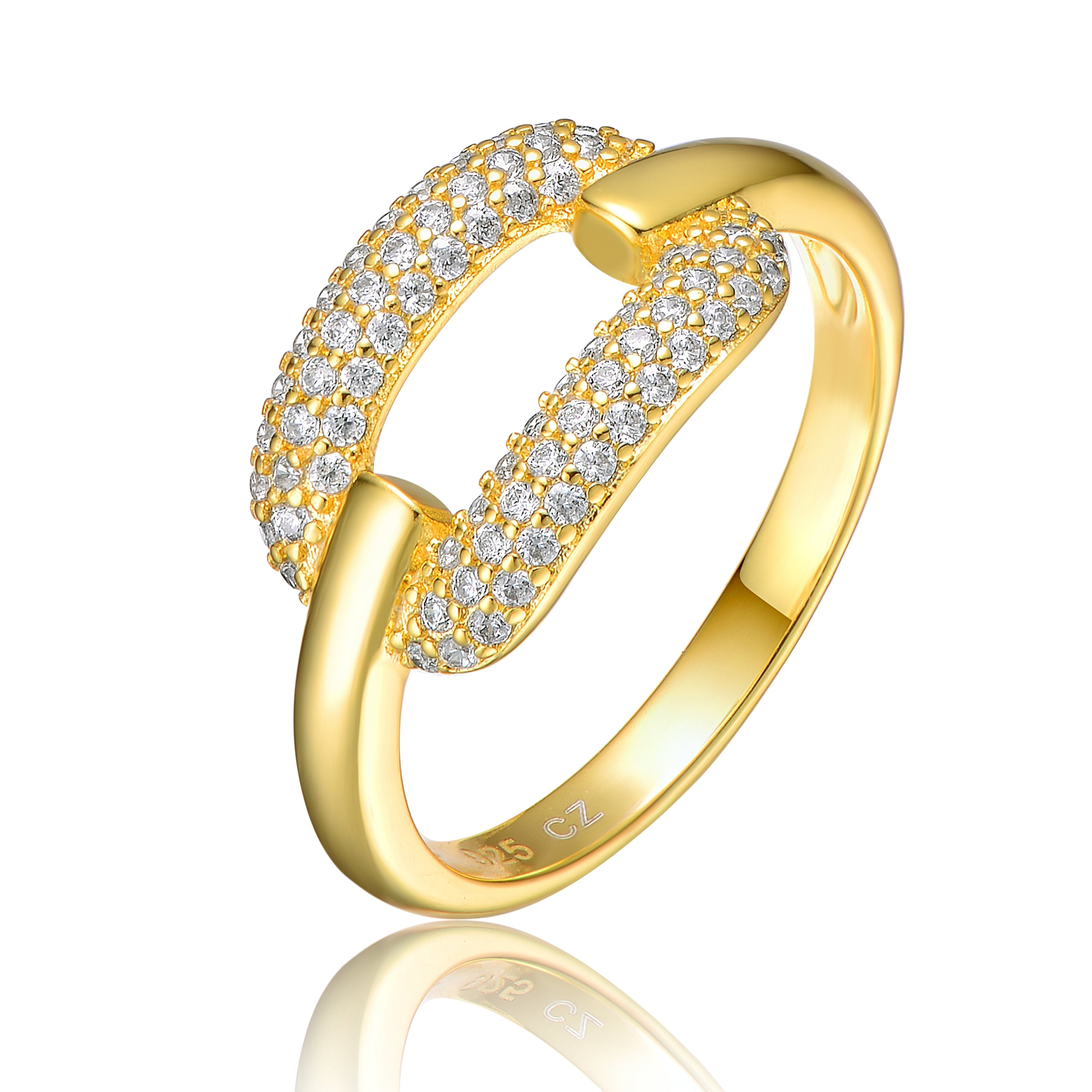 Genevive Sterling Silver 14K Gold Plated and Cubic Zirconia 2-Row Modern Ring