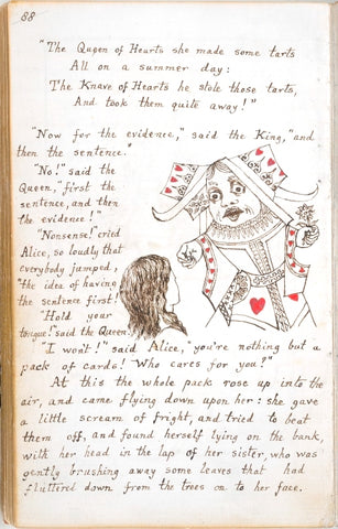 A hand-drawn page in brown ink showing the words to "Alice's Adventure Underground," with a preliminary drawing of a Queen of Hearts.