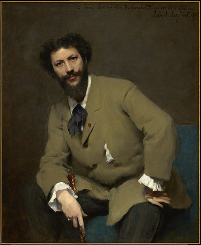 painting of Carolus-Duran by John Singer Sargent. Duran is sitting in a three-piece suit semi-facing the artist. He has a friendly and intentional look on his face.